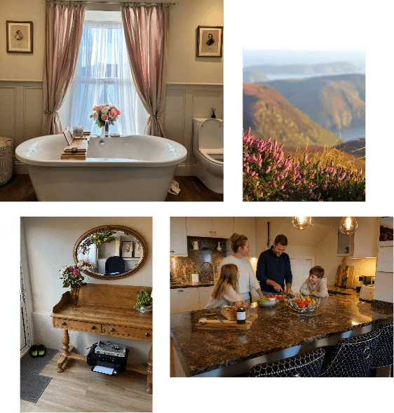 Cascadia House bath, entrance and family kitchen with an Isle of Man coastal view